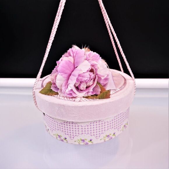 Vintage Decorative Gift Box Floral Lavender Round Keepsake Box Faux Flowers Lid - Picture 4 of 10